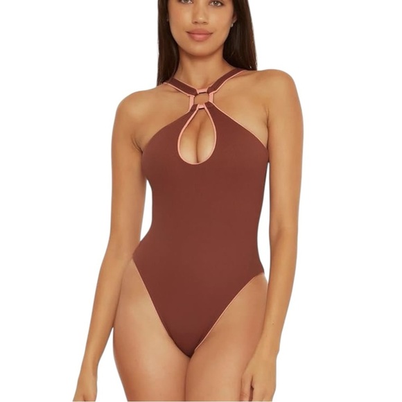 New! BECCA Rib Modern Edge High Neck Reversible Mikayla Cut Out Swimsuit - Picture 1 of 8